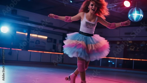 Young Woman Roller Skating at a Disco, Embracing Retro Style and Joyful Movement