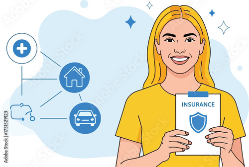 Smiling woman holding insurance document with home, car, and health icons