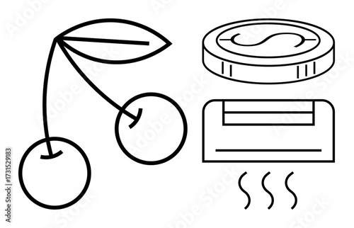 Outline of cherries, currency coin, and steaming HVAC unit. Ideal for finance, nature, minimalism, sustainability, technology food and climate concepts. Simple flat metaphor