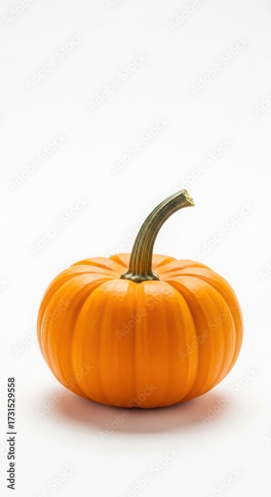 Obraz premium A single, vibrant orange pumpkin with a curved green stem sits against a plain white background.