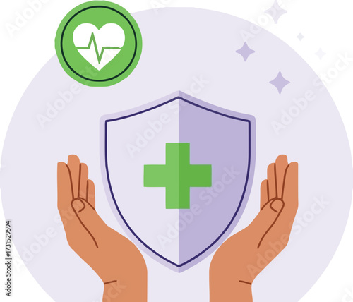 Hands holding shield with health symbol, representing healthcare protection