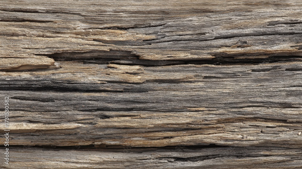 Fototapeta premium Close-up of weathered driftwood texture showing rough grain and aged surface.