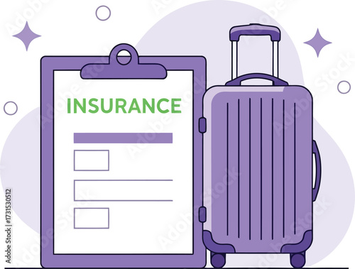 Travel insurance concept with suitcase and clipboard isolated on white background
