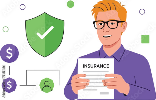 Man holding insurance policy with shield and money, concept of financial safety