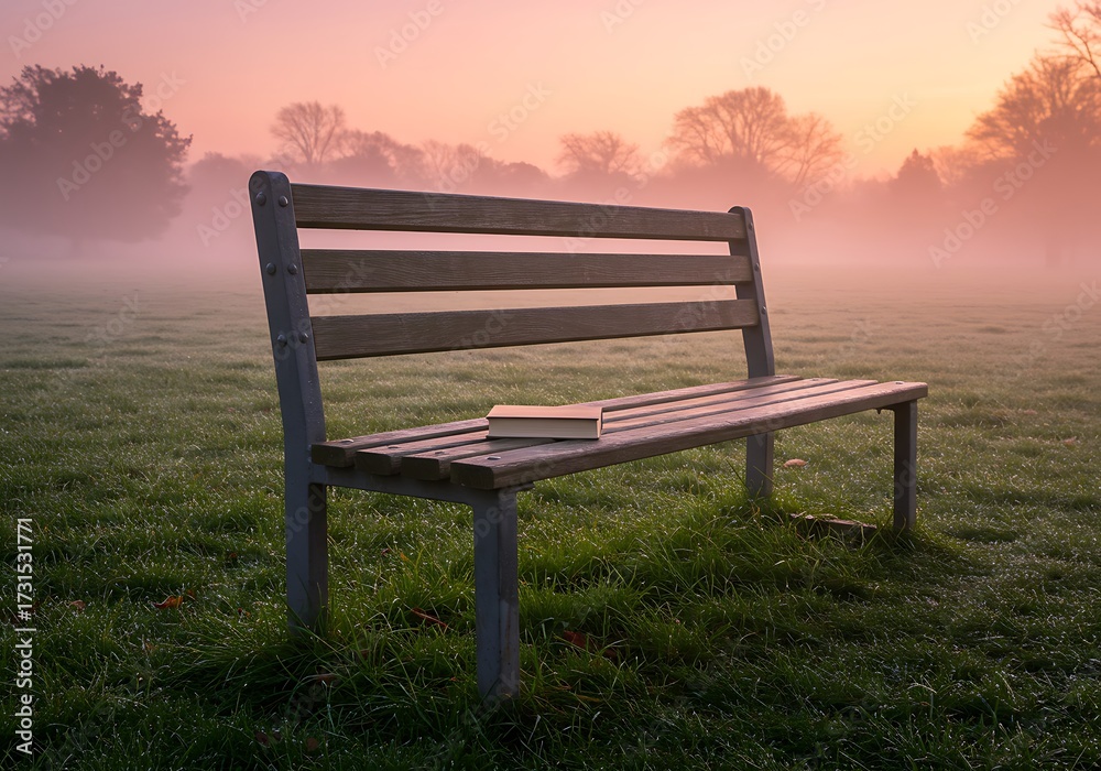 Fototapeta premium Wooden park bench sunrise foggy morning