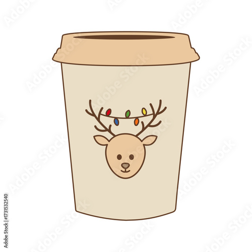 Cute coffee cup with reindeer face and colorful Christmas lights on its antlers, perfect for holiday season design