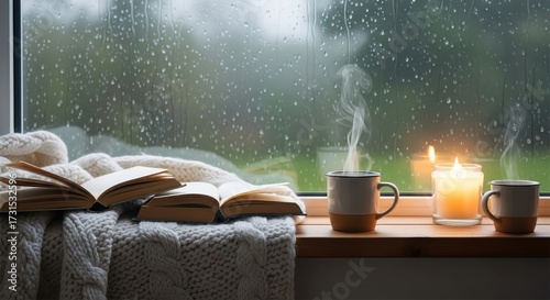 Cozy Rainy Day Scene with Book Coffee and Candle