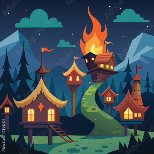 a fantasy dragon fire lit treehouse village  (1).eps