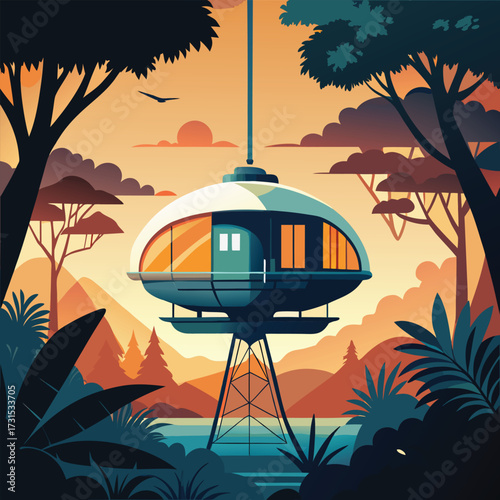 a futuristic pod shaped treehouse hanging from mas (2).eps