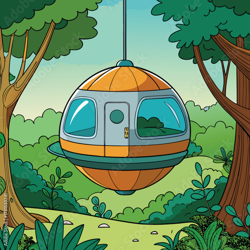 a futuristic pod shaped treehouse hanging from mas.eps