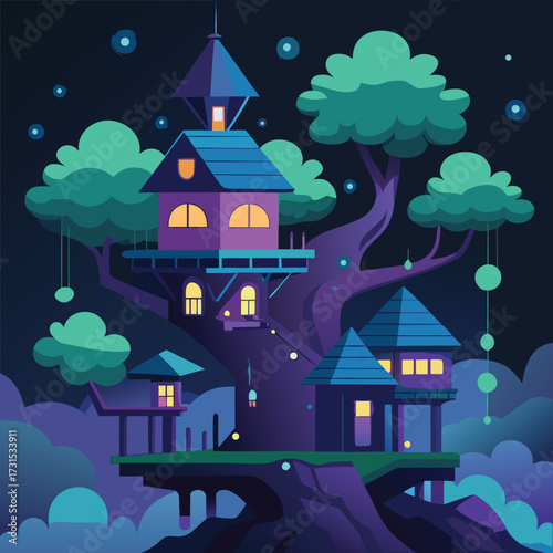 a glowing bioluminescent treehouse town  (1).eps