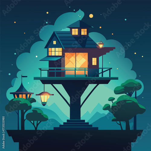 a glowing bioluminescent treehouse town .eps