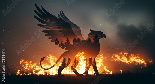 Silhouette of a mythical griffin against a fiery background and dark sky