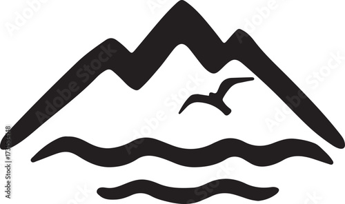 Sea,gull and mountains. Vector icon isolated on white background. Sea, mountains. Vector black and white icon isolated on white background
