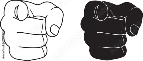 Fists with pointing finger. Contour lines, black silhouette. Vector clip art illustration isolated on white.

