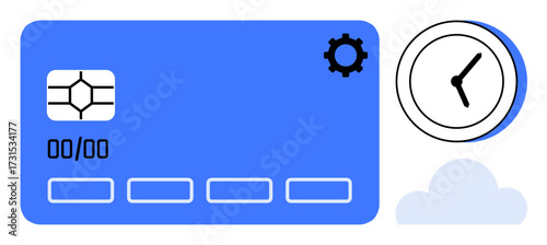 Blue payment card with chip icon and expiration date, settings gear, clock symbolizing time, and cloud. Ideal for online banking, technology, time management, financial services, security