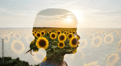 Silhouette overlay of a person and a field of sunflowers at sunset