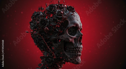 Skull decorated with dark roses against a crimson background vector illustration