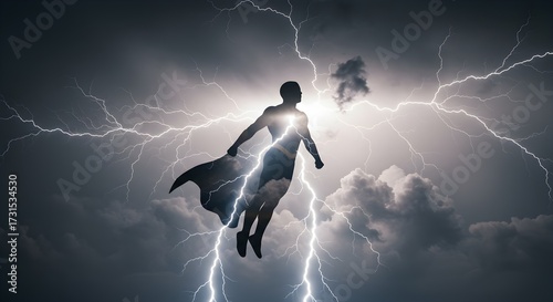 Superhero silhouetted against dramatic sky with lightning bolts and clouds
