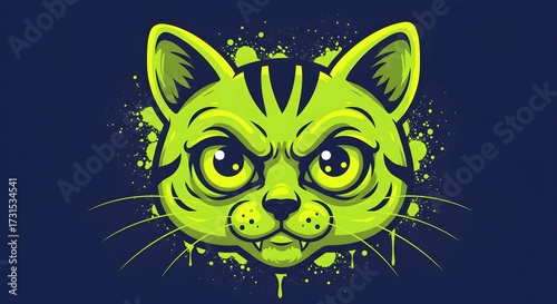 Stylized green cat face illustration on dark blue background