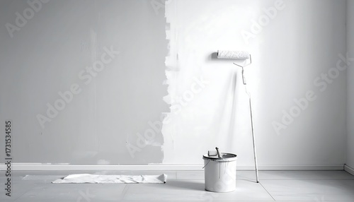 Half-painted wall with paint roller, tray, and drop cloth