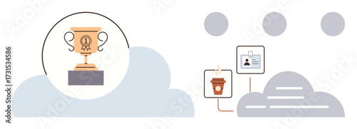 Golden trophy on a podium symbolizing success, linked with a coffee cup, ID card, and cloud. Ideal for motivation, productivity, teamwork, innovation success goal-setting achievement. Flat simple