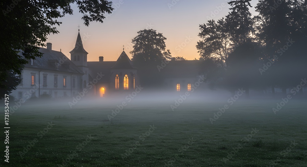 Obraz premium Misty Morning at a Historic European Manor with Glowing Windows
