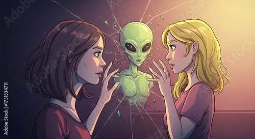 Two women confront alien with mysterious aura and shattered glass