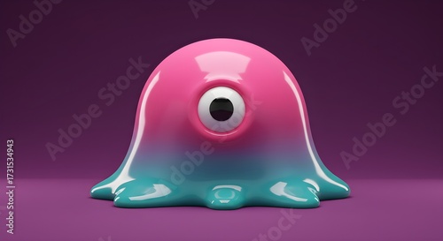 Whimsical 3 d render of a colorful one eyed creature against a purple backdrop