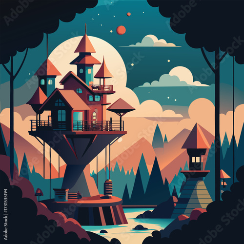 a magical dreamlike treehouse village .eps
