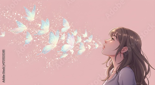 Young woman exhaling butterflies illustration with soft pastel colors