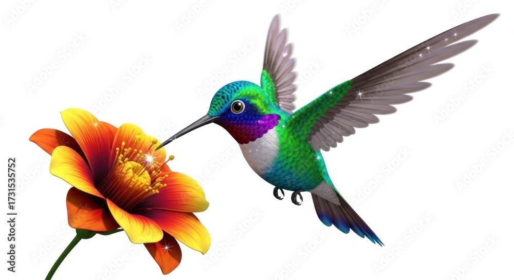 Obraz premium Vibrant hummingbird sips nectar from a brilliant flower in a digitally rendered artwork