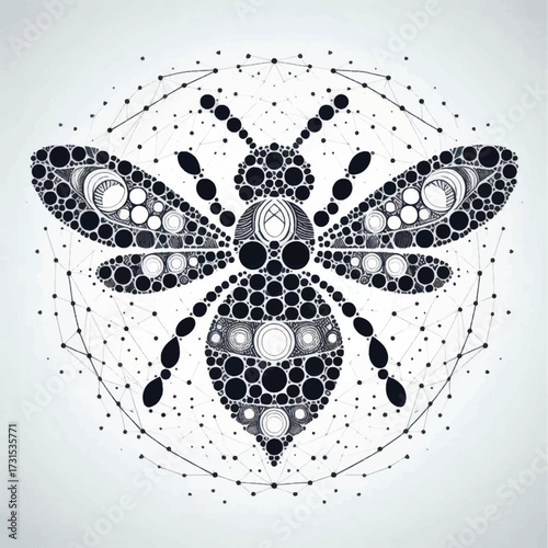 Ornate bee design with geometric patterns.