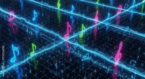 Harmonic convergence digital melody music notes on a gridlike display futuristic wave