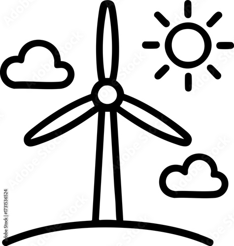 Wind turbine hse awareness concept with sun and cloud in simple line art style