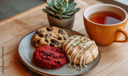 A plate with three different cookies, one chocolate chip cookie