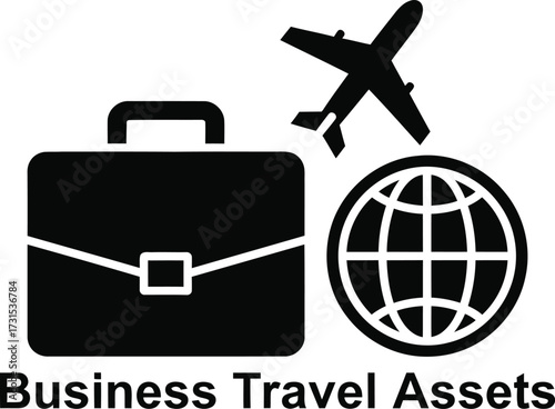 Business travel icons briefcase globe and airplane for global commerce