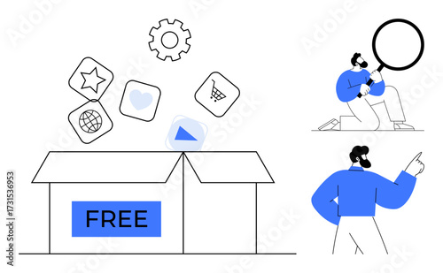 Open box labeled free releasing app icons such as heart, star, cart individuals exploring with a magnifying glass and pointing upward. Ideal for innovation, digital access, resources, search