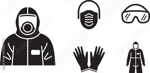 Protective Gear Icon Set Hazmat Suit Mask Gloves Glasses for Secure Environment