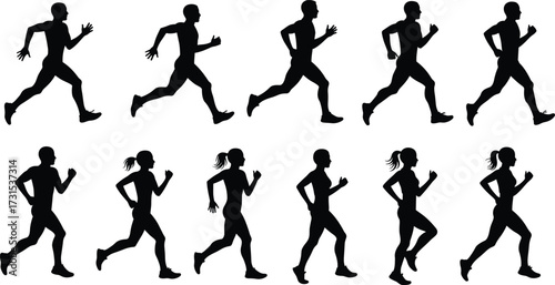 Jogging running silhouettes collection, male female fitness workout vector, marathon training artwork, healthy exercise lifestyle design, sports athlete motion illustration