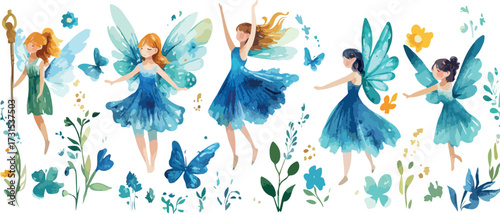 Whimsical watercolor illustration of five dancing fairies with blue dresses and butterfly wings in a magical garden