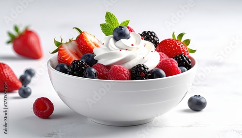 Delicious fresh mixed berries, including strawberries, raspberries, blueberries, and blackberries, are served in a white bowl topped with whipped cream and mint leaves, arranged on a light background.