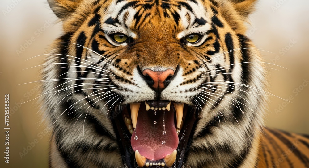 Fototapeta premium Majestic bengal tiger displaying its impressive canines in a dramatic close-up portrait