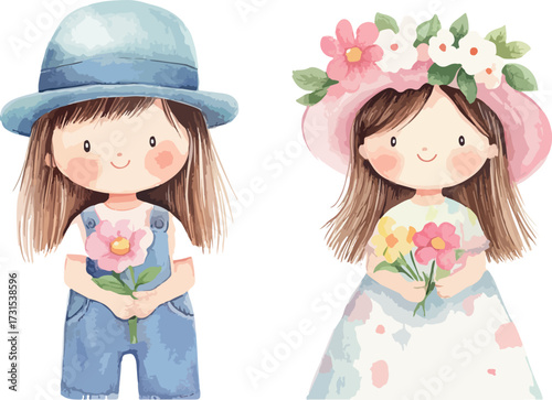 Two charming watercolor illustrations of young girls dressed in cute outfits holding flowers