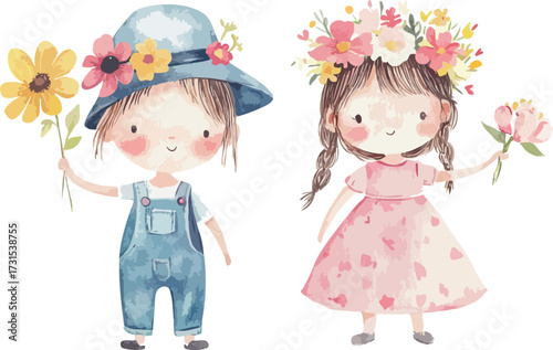 Adorable watercolor children wearing floral crowns and holding bouquets of flowers