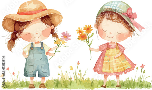 Two adorable watercolor girls in hats sharing flowers in a grassy meadow on a bright day