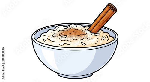 Delicious rice pudding cartoon illustration topped with cinnamon stick on bowl isolated