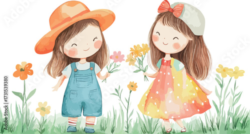 Two happy little girls in a field of wildflowers wearing cute dresses and hats
