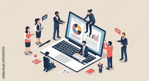 Isometric illustration of business team working collaboratively on a large laptop screen concept
