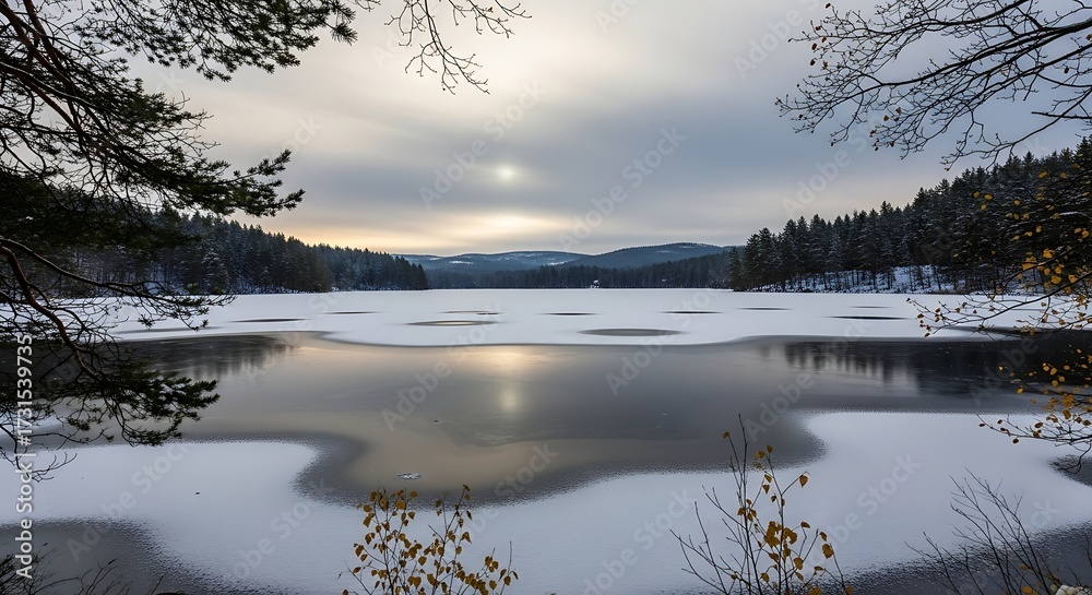 Fototapeta premium Winter landscape frozen lake